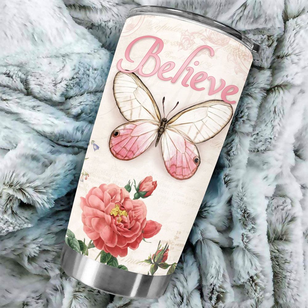 Personalized Fat Tumbler Gift - Vintage Butterfly Style - Believe