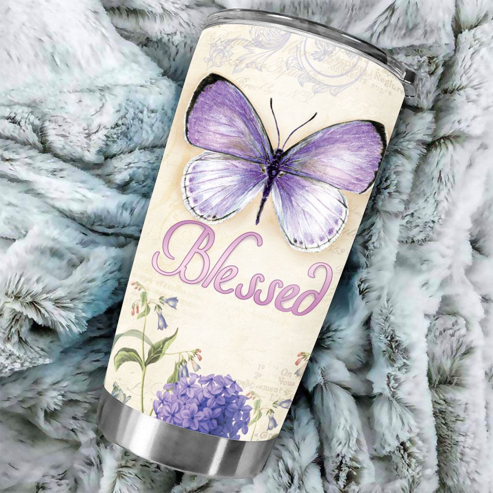 Personalized Fat Tumbler Gift - Vintage Butterfly Style - Blessed