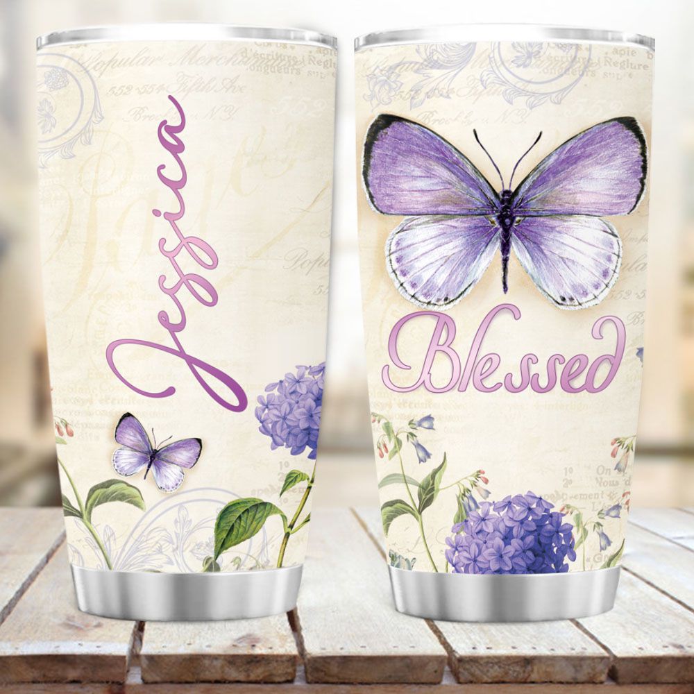 Personalized Fat Tumbler Gift - Vintage Butterfly Style - Blessed