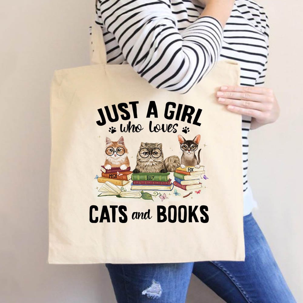 Personalized canvas tote bag gift for cat lovers - Cats &amp; Books
