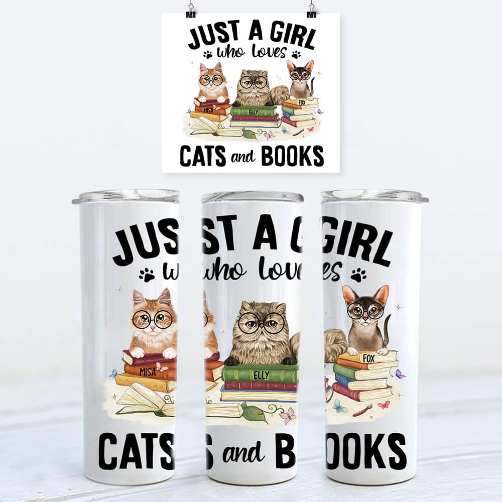 Personalized skinny tumbler gift for cat lovers - Cats &amp; Books