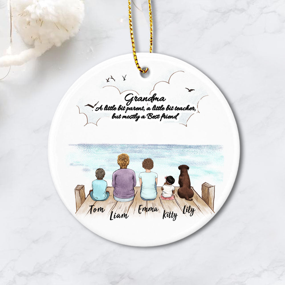 Personalized gifts for grandparents ceramic ornament with custom message - UP TO 5 PEOPLE &amp; PETS - Wooden Dock