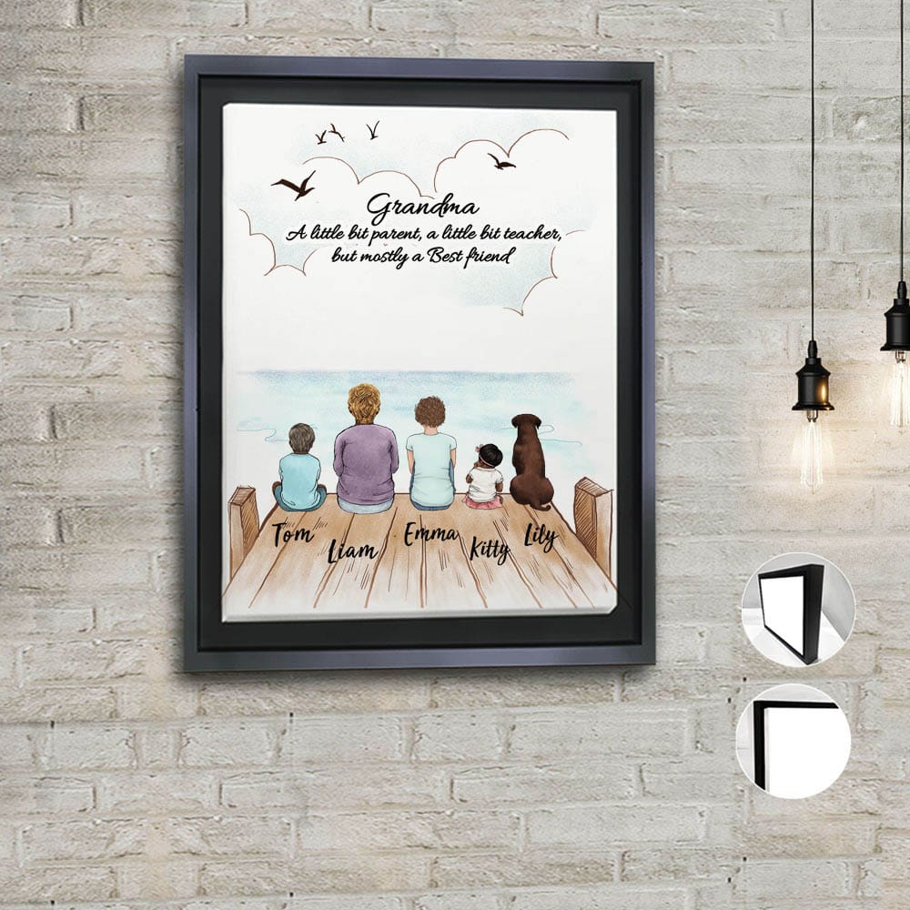 Personalized gifts for grandparents framed canvas with custom message - UP TO 5 PEOPLE &amp; PETS - Wooden Dock