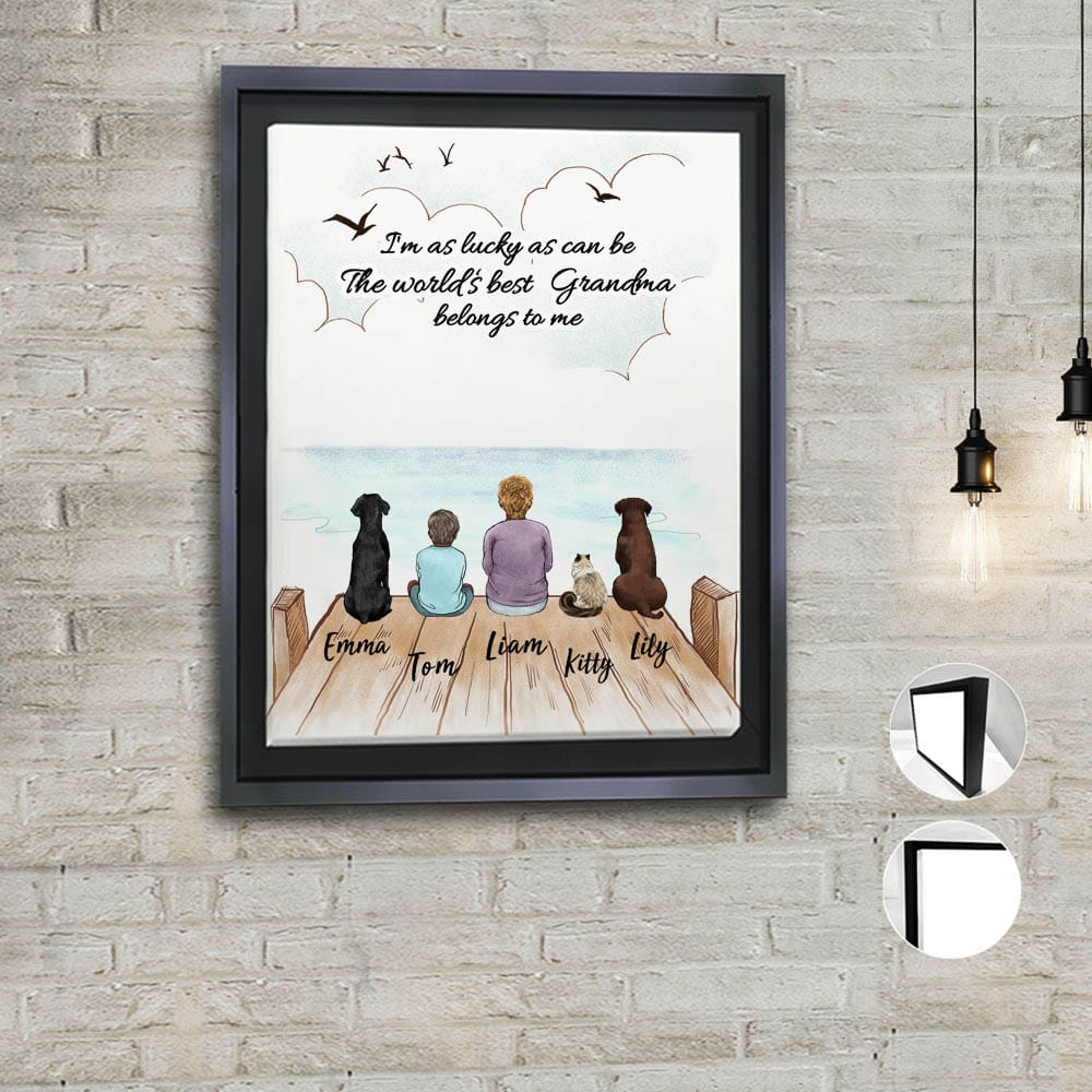 Personalized gifts for grandparents framed canvas with custom message - UP TO 5 PEOPLE &amp; PETS - Wooden Dock