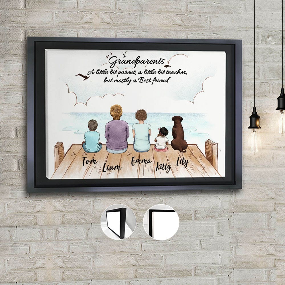 Personalized gifts for grandparents framed canvas with custom message - UP TO 5 PEOPLE &amp; PETS - Wooden Dock