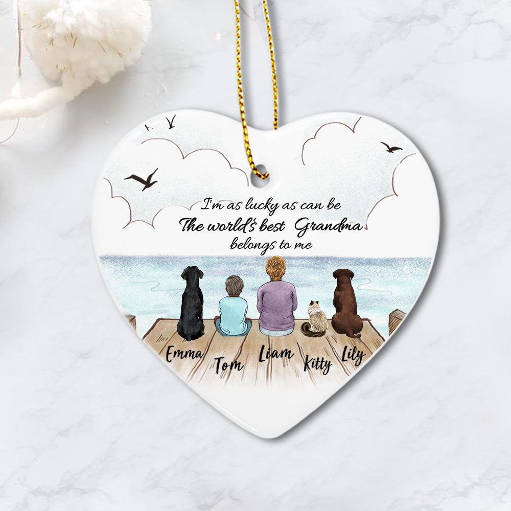 Personalized gifts for grandparents ceramic ornament with custom message - UP TO 5 PEOPLE &amp; PETS - Wooden Dock