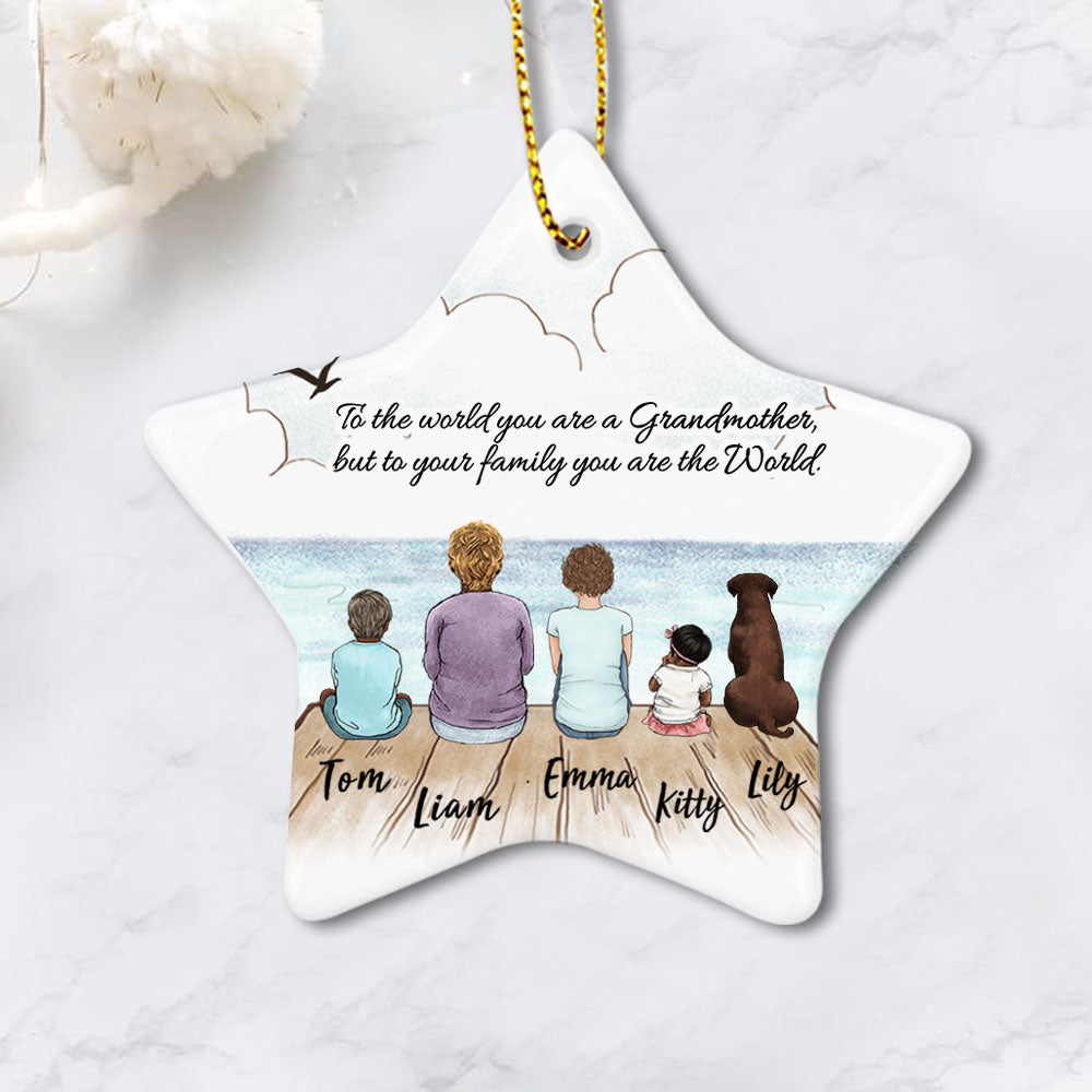 Personalized gifts for grandparents ceramic ornament with custom message - UP TO 5 PEOPLE &amp; PETS - Wooden Dock