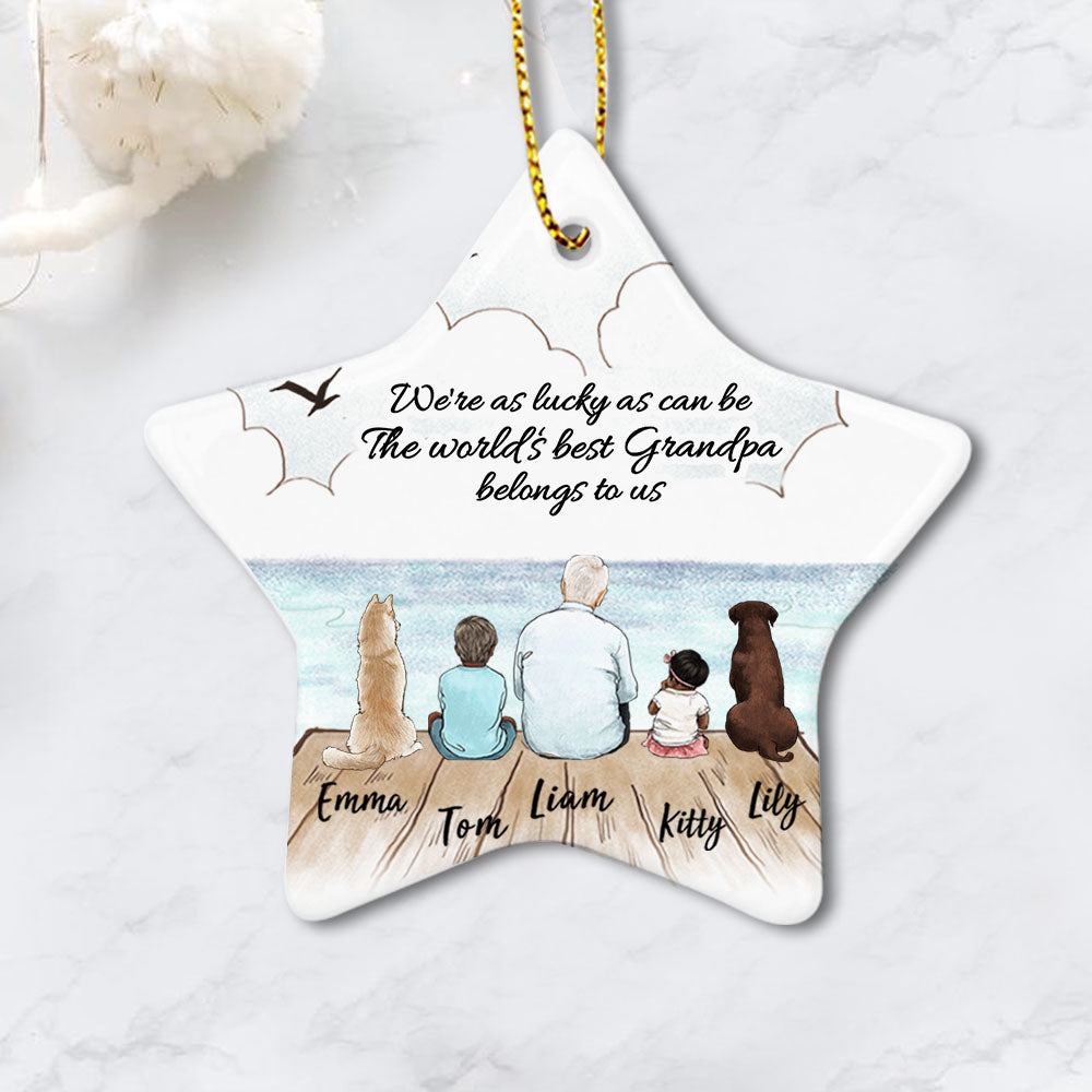 Personalized gifts for grandparents ceramic ornament with custom message - UP TO 5 PEOPLE &amp; PETS - Wooden Dock