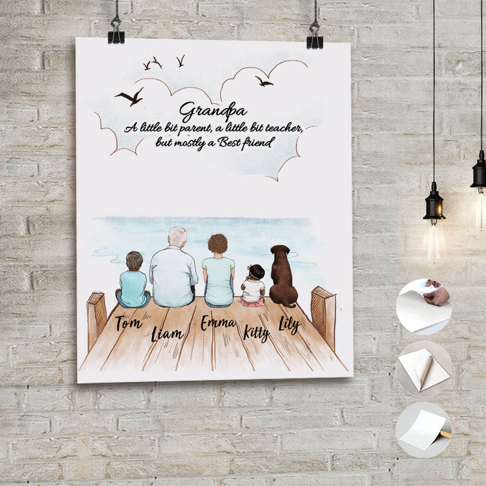 Personalized gifts for grandparents peel &amp; stick poster with custom message - UP TO 5 PEOPLE &amp; PETS - Wooden Dock