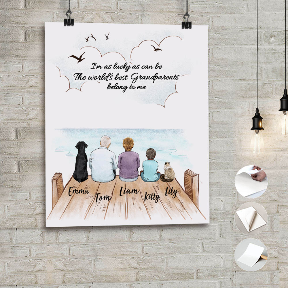 Personalized gifts for grandparents peel &amp; stick poster with custom message - UP TO 5 PEOPLE &amp; PETS - Wooden Dock