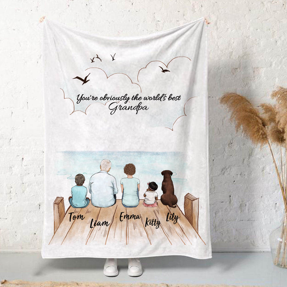 Personalized gifts for grandparents fleece blanket with custom message - UP TO 5 PEOPLE &amp; PETS - Wooden Dock