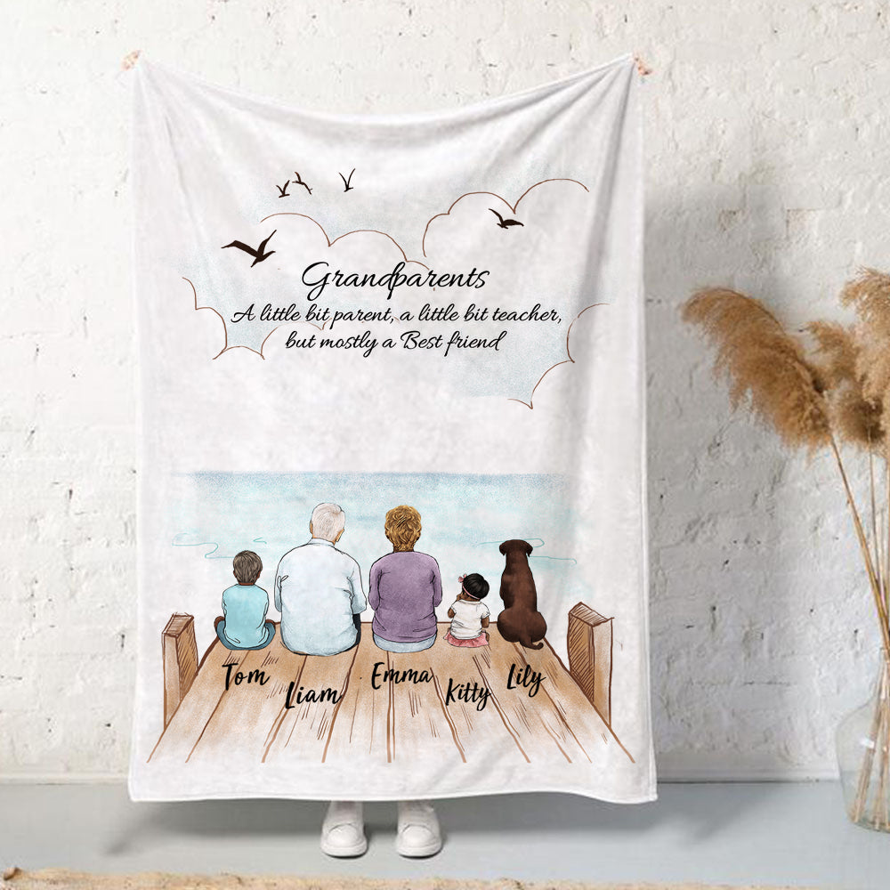 Personalized gifts for grandparents fleece blanket with custom message - UP TO 5 PEOPLE &amp; PETS - Wooden Dock