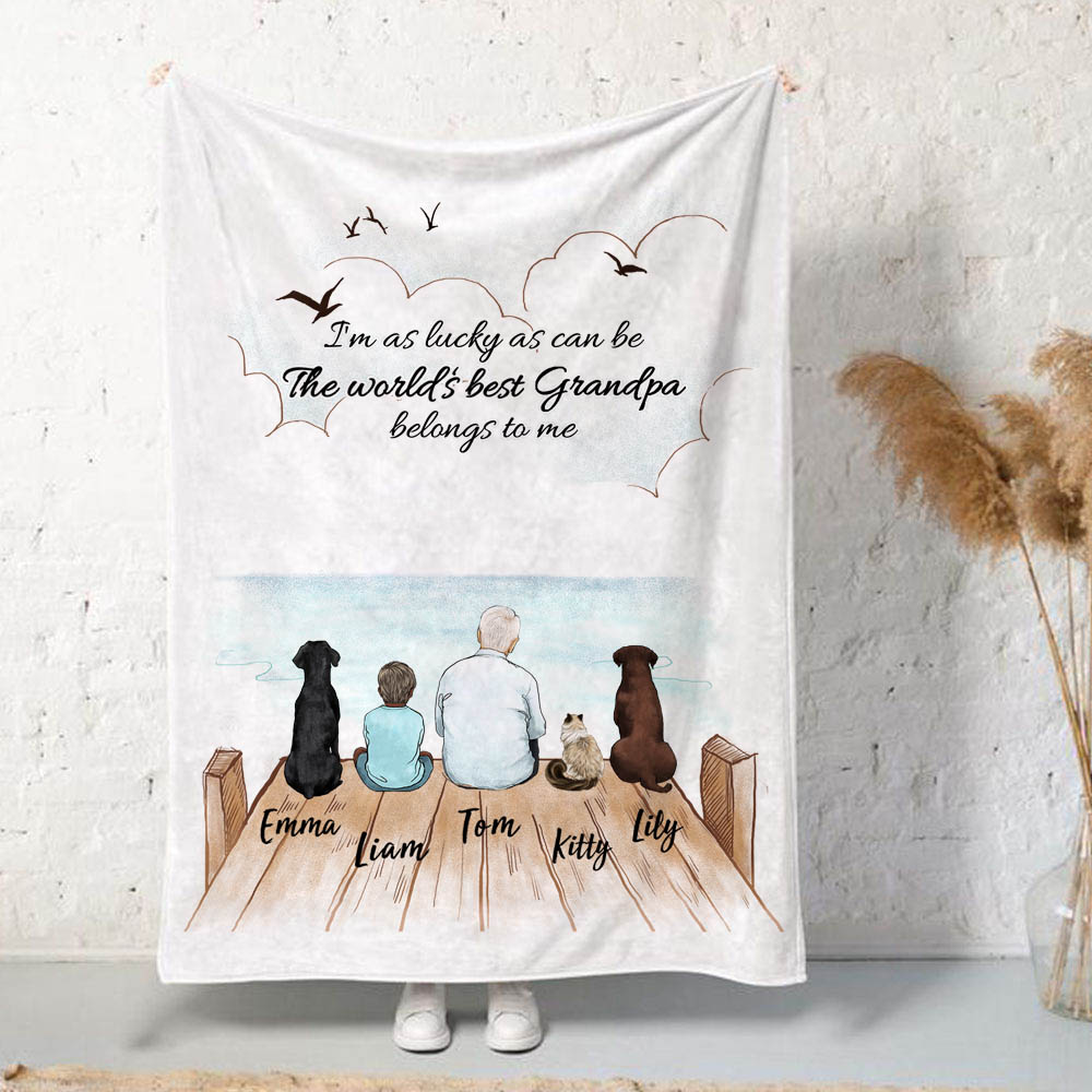 Personalized gifts for grandparents fleece blanket with custom message - UP TO 5 PEOPLE &amp; PETS - Wooden Dock