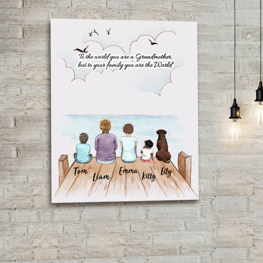Personalized gifts for grandparents canvas print with custom message - UP TO 5 PEOPLE &amp; PETS - Wooden Dock