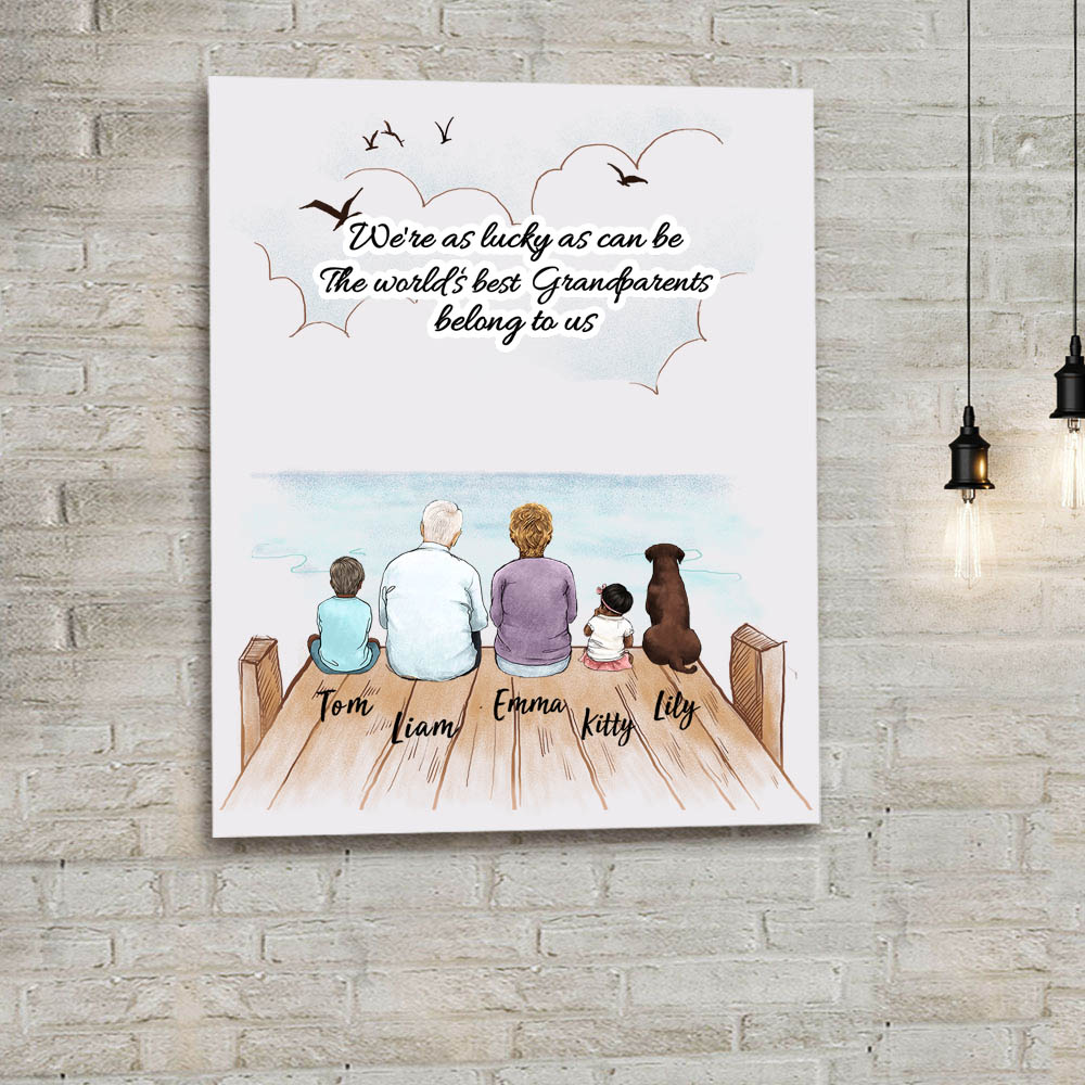 Personalized gifts for grandparents canvas print with custom message - UP TO 5 PEOPLE &amp; PETS - Wooden Dock