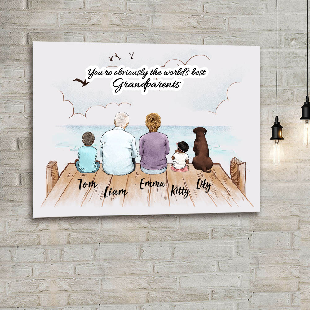 Personalized gifts for grandparents canvas print with custom message - UP TO 5 PEOPLE &amp; PETS - Wooden Dock