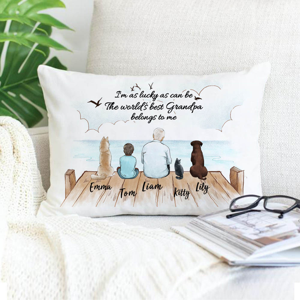 Personalized gifts for grandparents pillow with custom message - UP TO 5 PEOPLE &amp; PETS - Wooden Dock