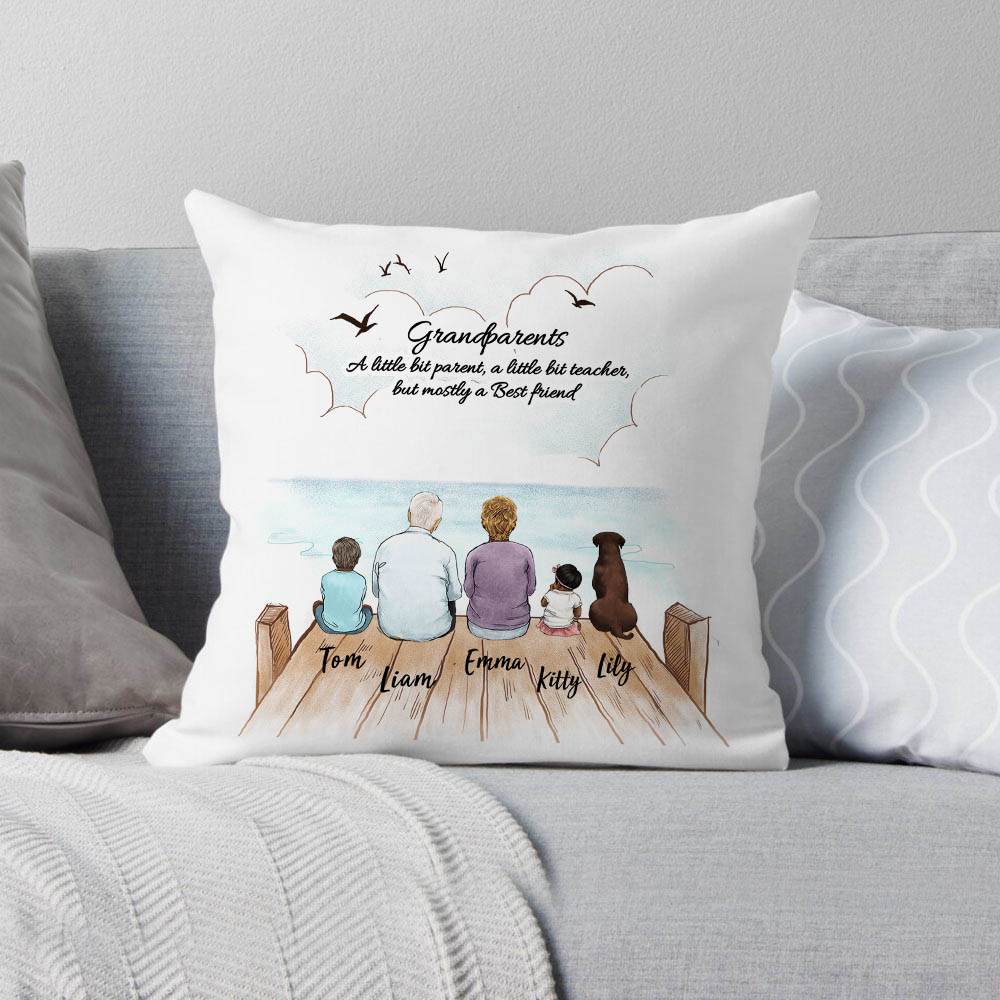 Personalized gifts for grandparents pillow with custom message - UP TO 5 PEOPLE &amp; PETS - Wooden Dock
