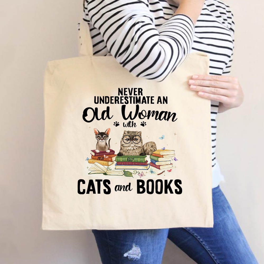 Personalized canvas tote bag gift for cat lovers - Cats &amp; Books