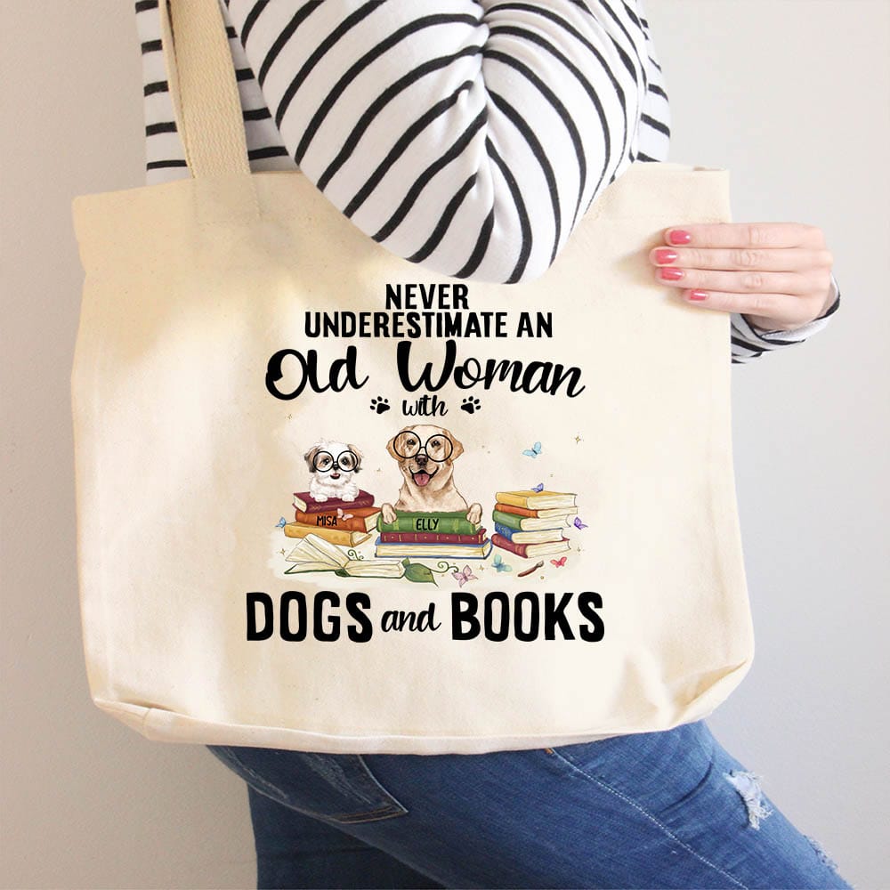 Personalized rounded canvas tote bag gift for dog lovers - Dogs &amp; Books