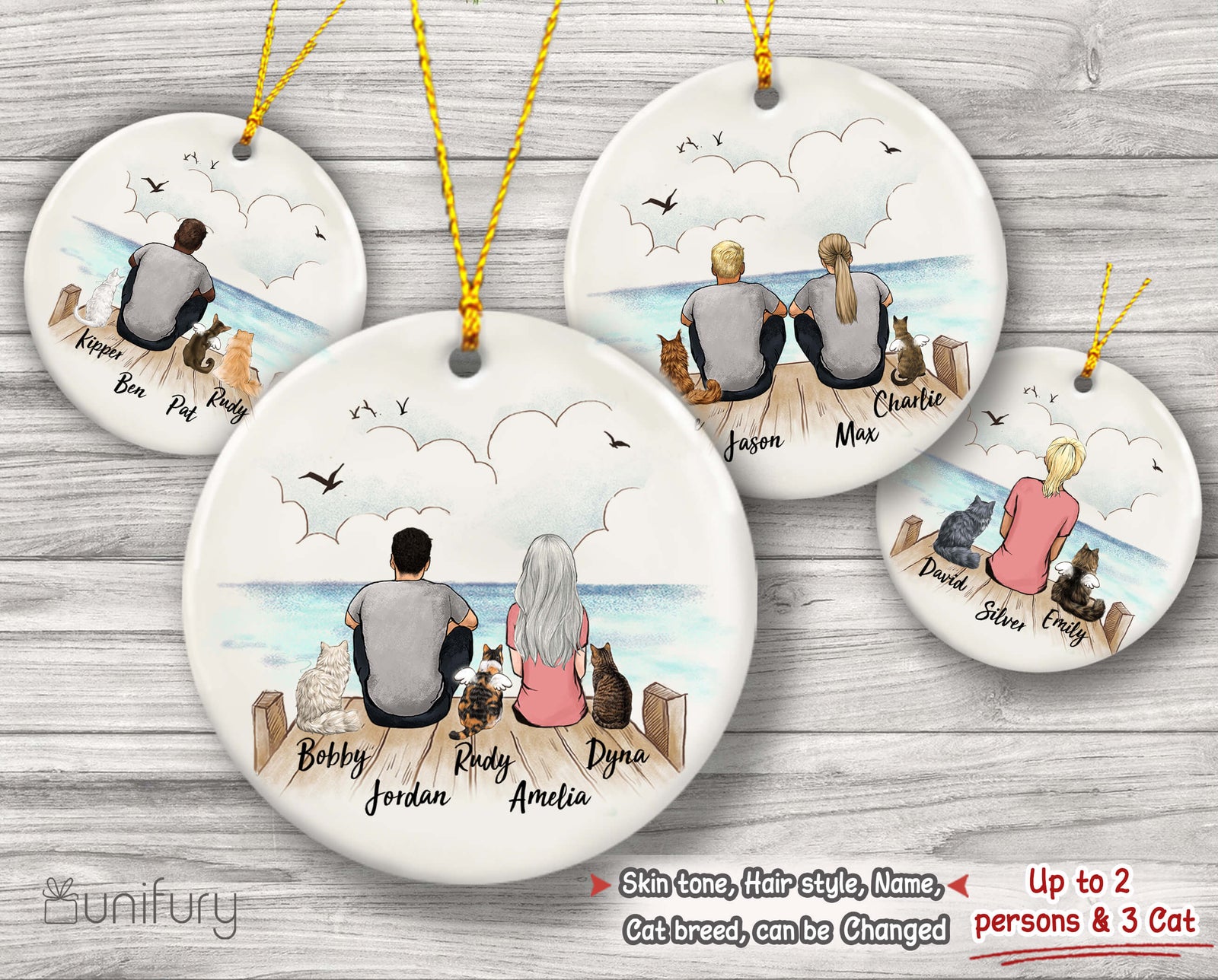 Personalized Cat & Couple Christmas Ornament - Wooden Dock