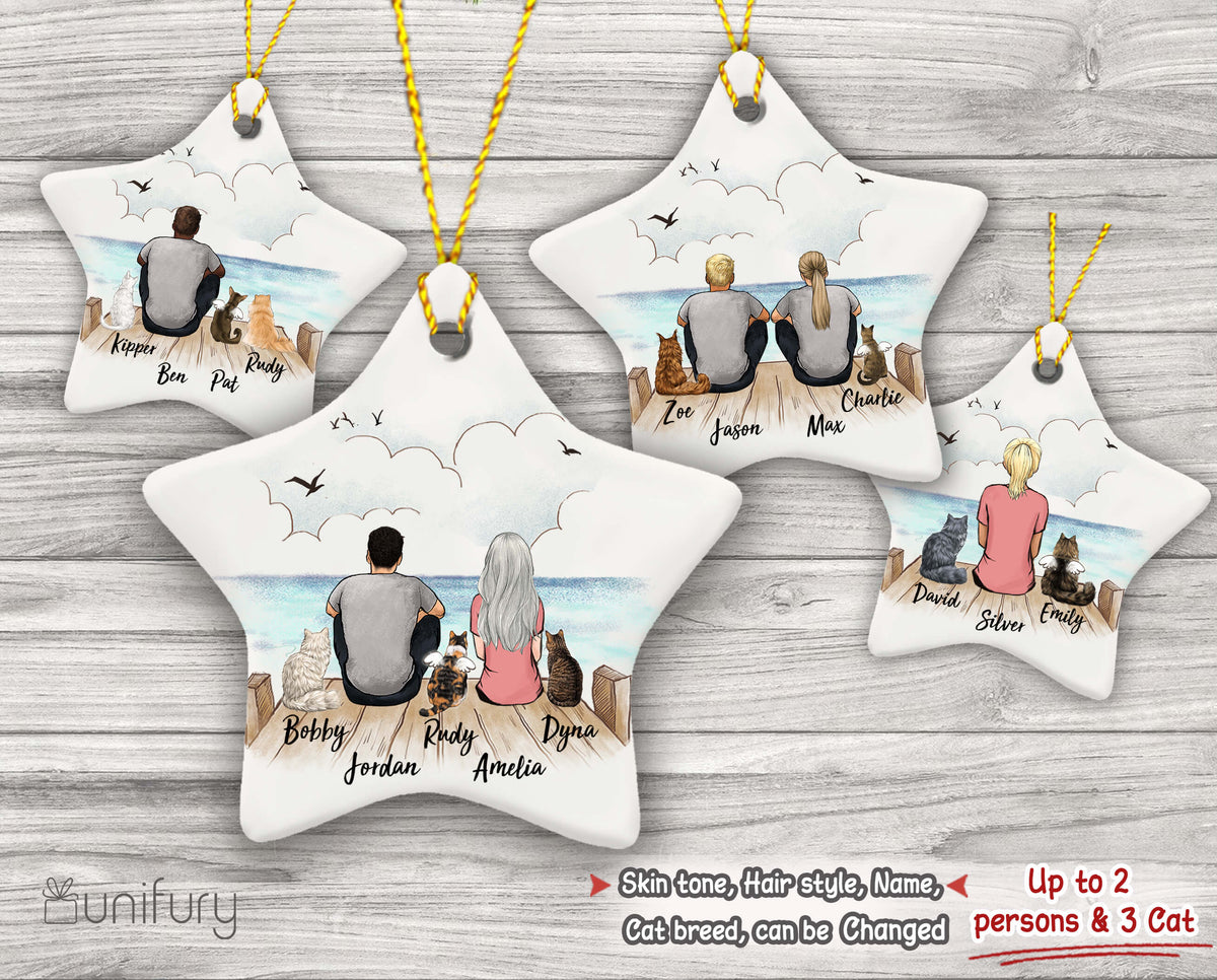 Personalized Cat &amp; Couple Christmas Ornament - Wooden Dock