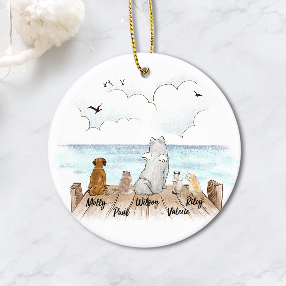 Personalized Dog And Cat Christmas Ornament - Wooden Dock - Circle
