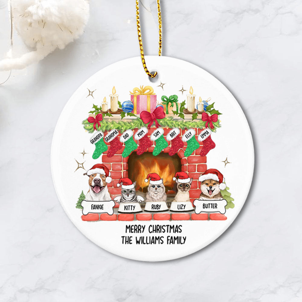 Personalized Christmas 2021 Fireplace Ceramic Ornament - Family Stockings & Dogs Cats - circle