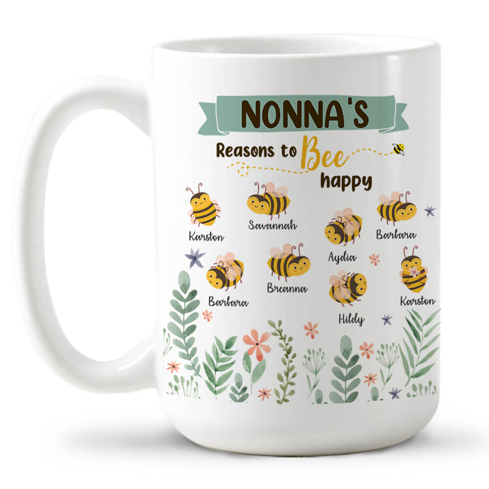 Personalized Nonna&#39;s Reasons to Bee Happy Coffee Mug - Nonna Gifts for Grandma 15oz