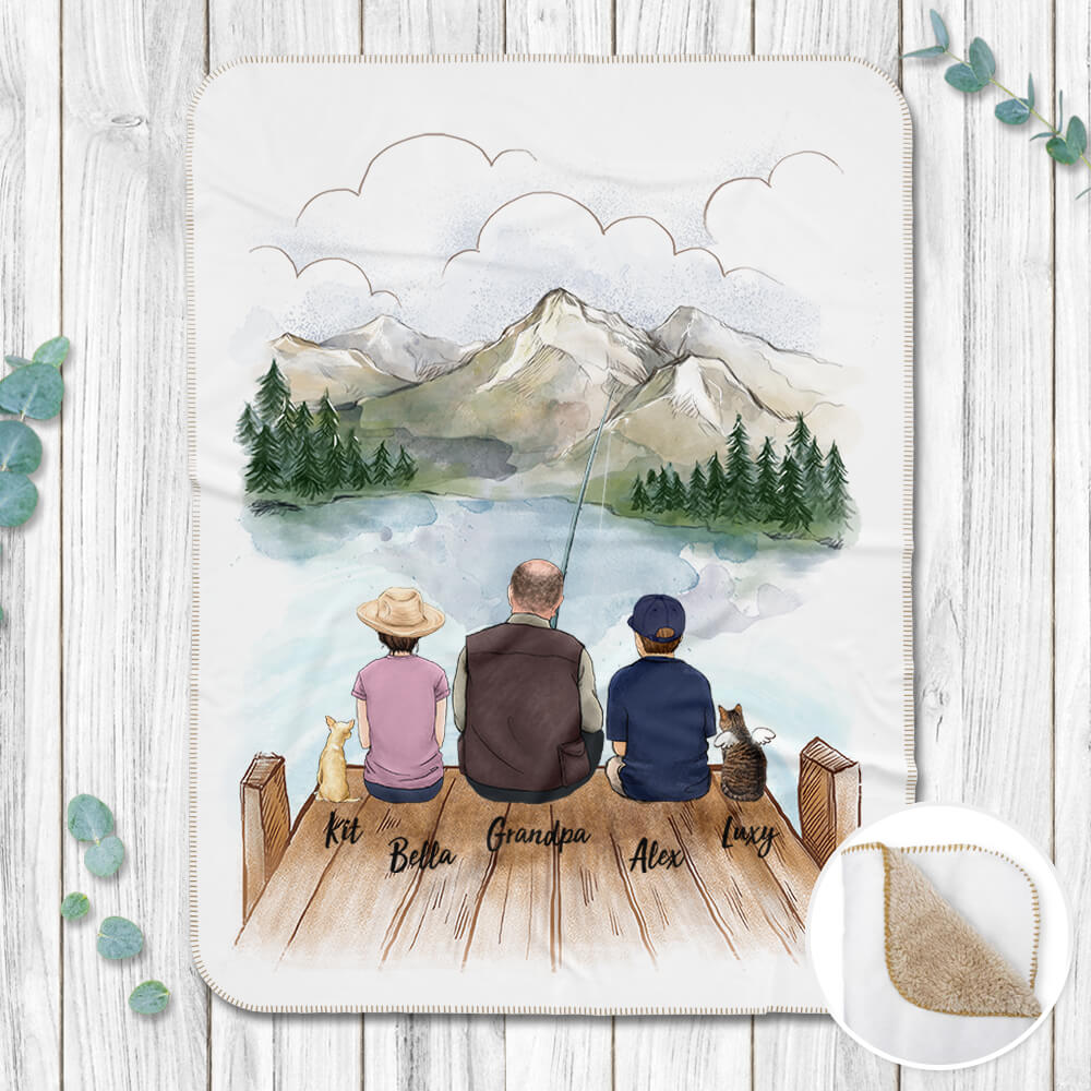 Personalized Sherpa Blanket with the whole family & dog & cat - Fishing