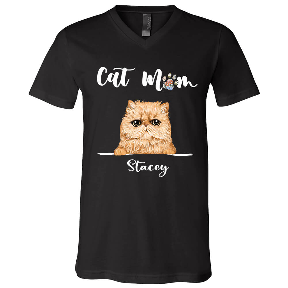 Personalized V-neck T-shirt Cat Mom Mother&#39;s Day Gifts Custom Shirts For Women