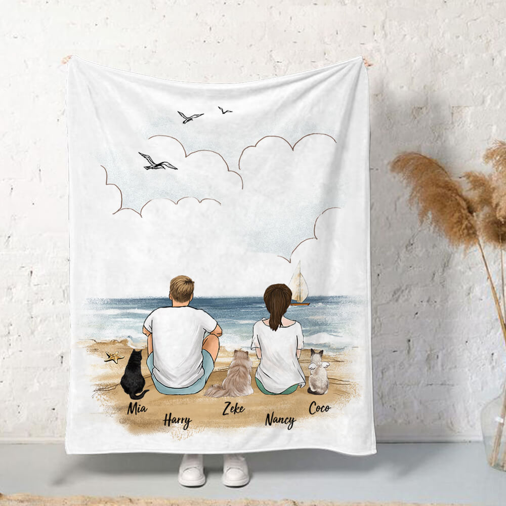 Personalized gifts for cat lovers Fleece Blanket - CAT &amp; COUPLE - Beach