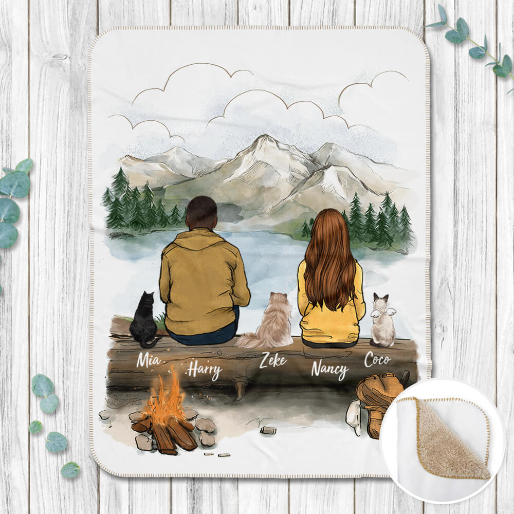 Personalized gifts for cat lovers Sherpa Blanket - CAT &amp; COUPLE - Hiking