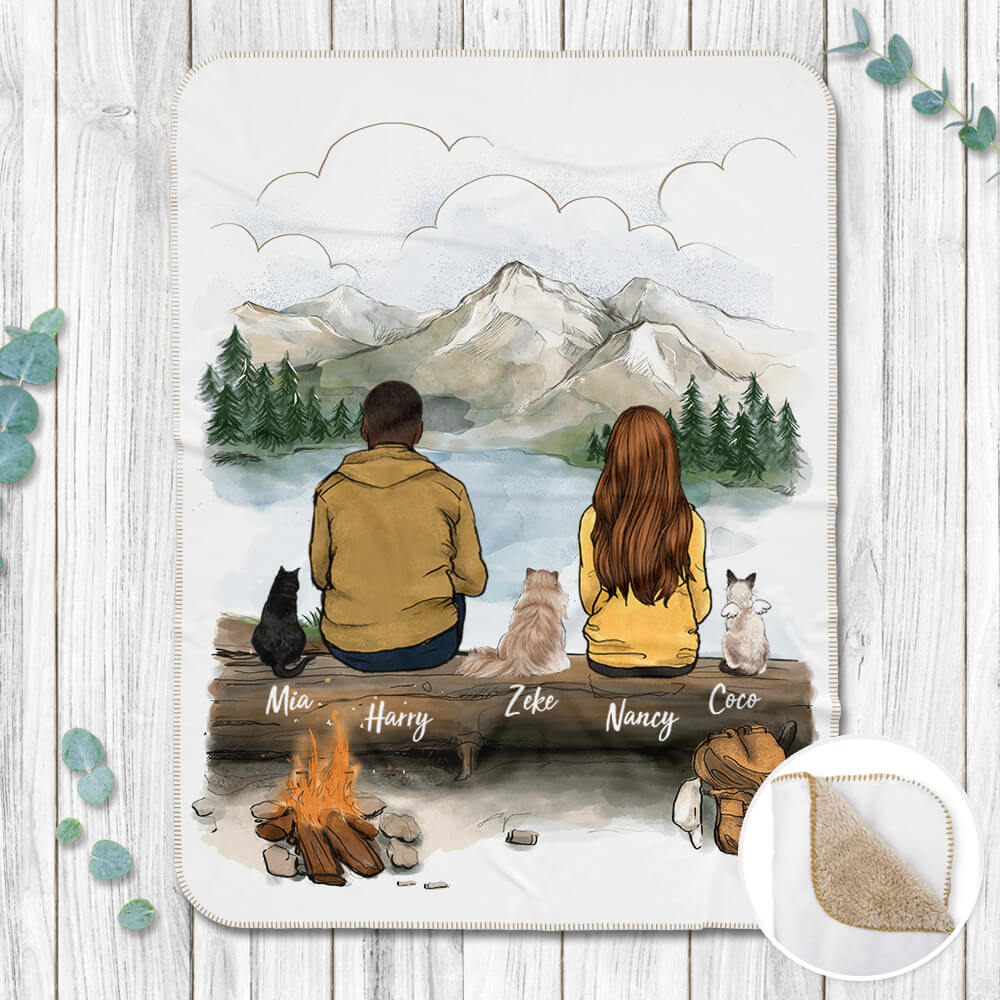 Personalized gifts for cat lovers Sherpa Blanket - CAT & COUPLE - Hiking