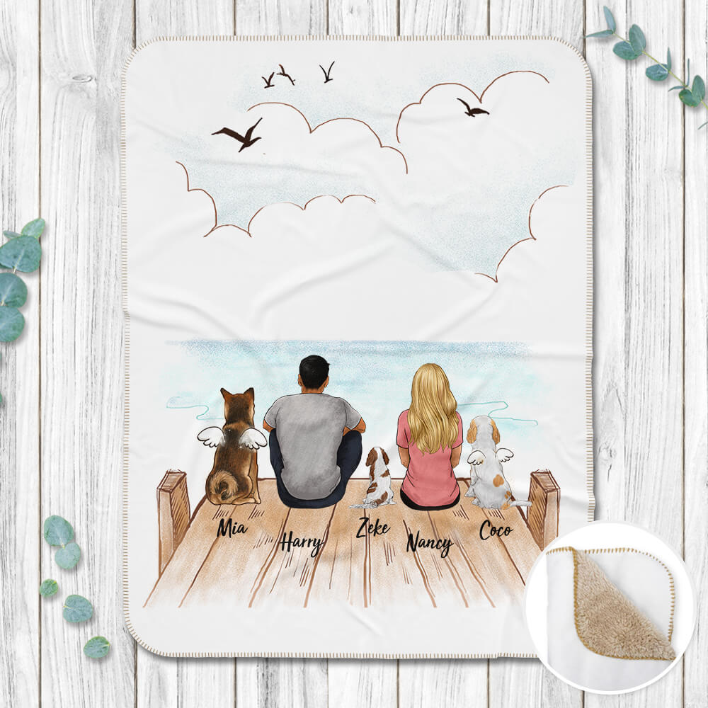 Personalized gifts for dog lovers Sherpa Blanket - DOG & COUPLE - Wooden Dock