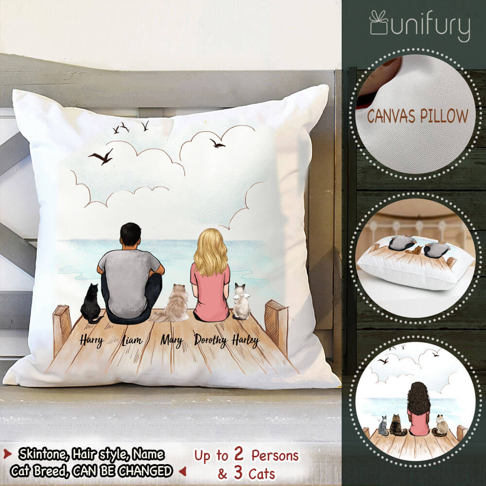 Personalized custom cat &amp; couple Throw Pillow - Wooden Dock