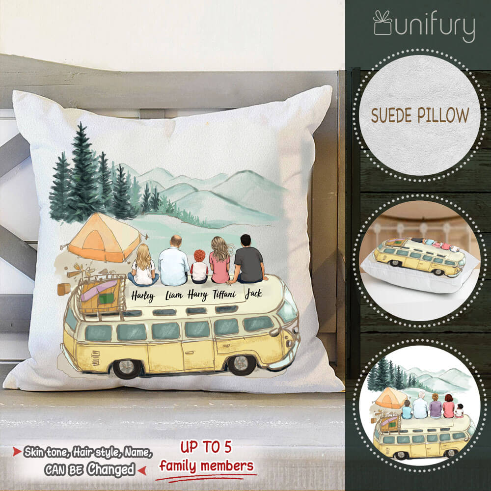 Personalized family members Throw Pillow gift for the whole family - UP TO 5 PEOPLE - Camping