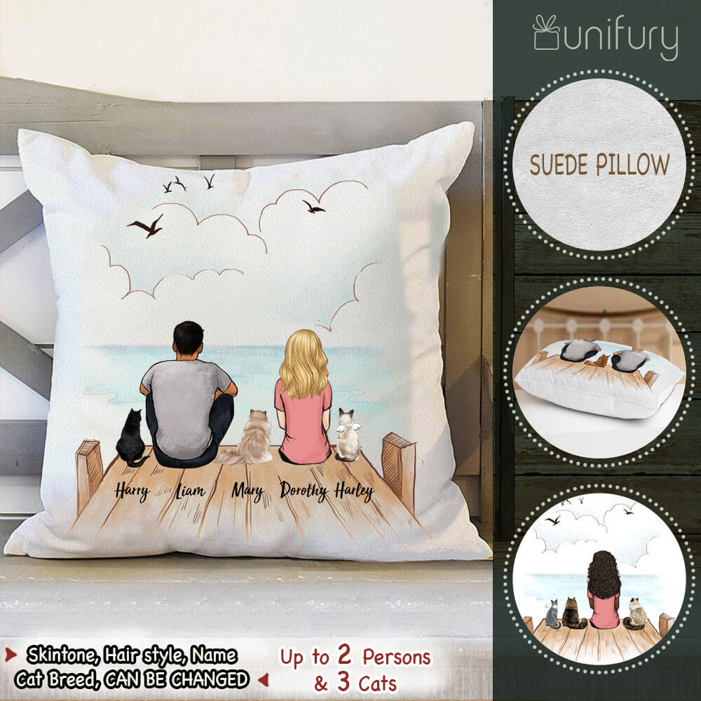 Personalized custom cat &amp; couple Throw Pillow - Wooden Dock
