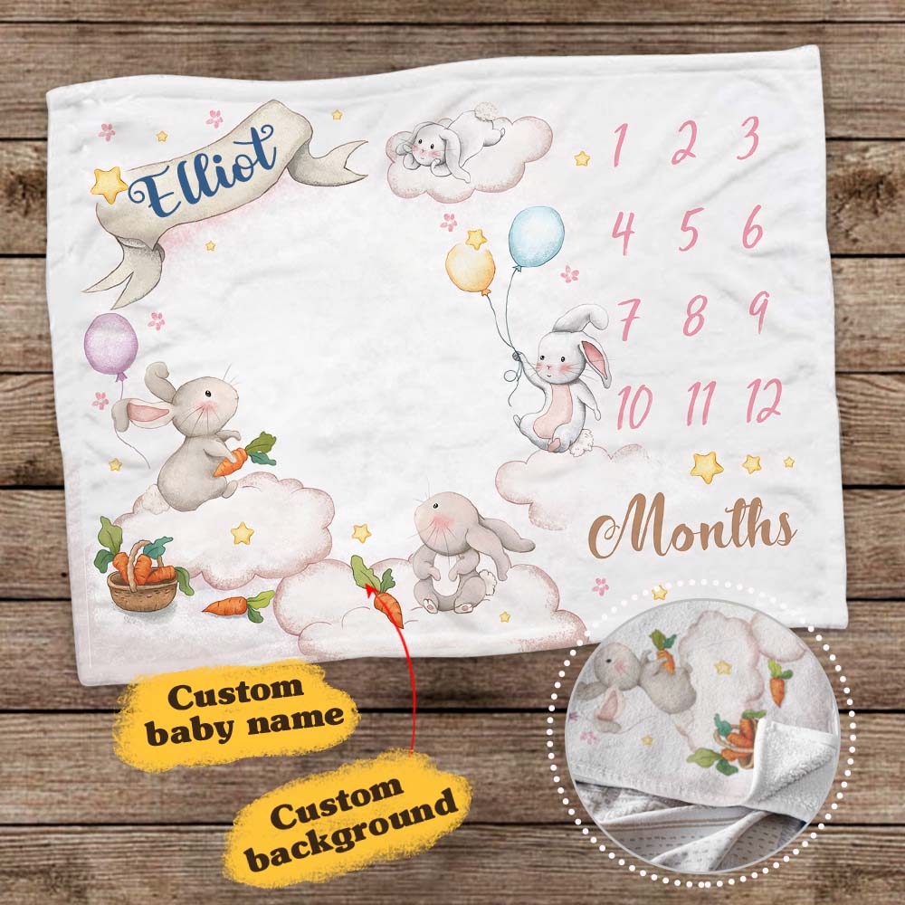 Personalized baby milestone fleece blanket - Cute rabbit background