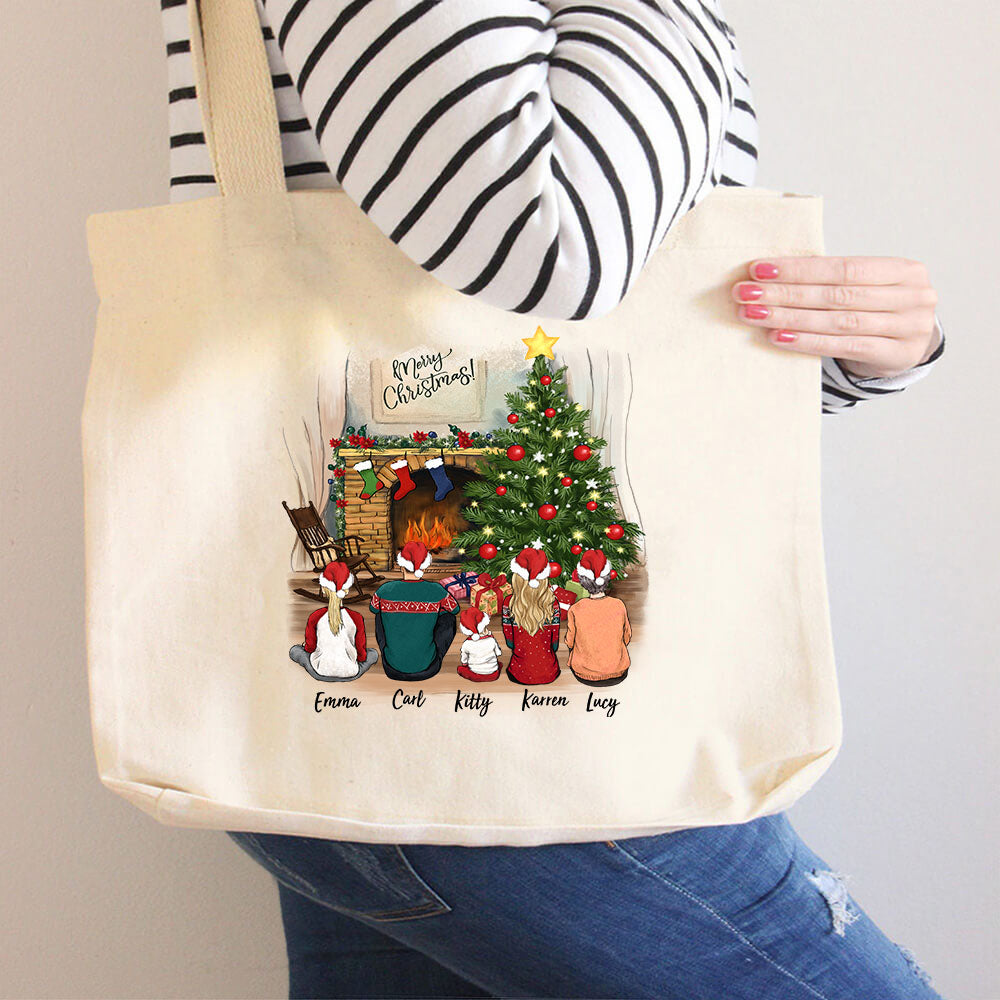 Personalized family Christmas rounded canvas tote bag gifts for the whole family - UP TO 5 PEOPLE - Christmas