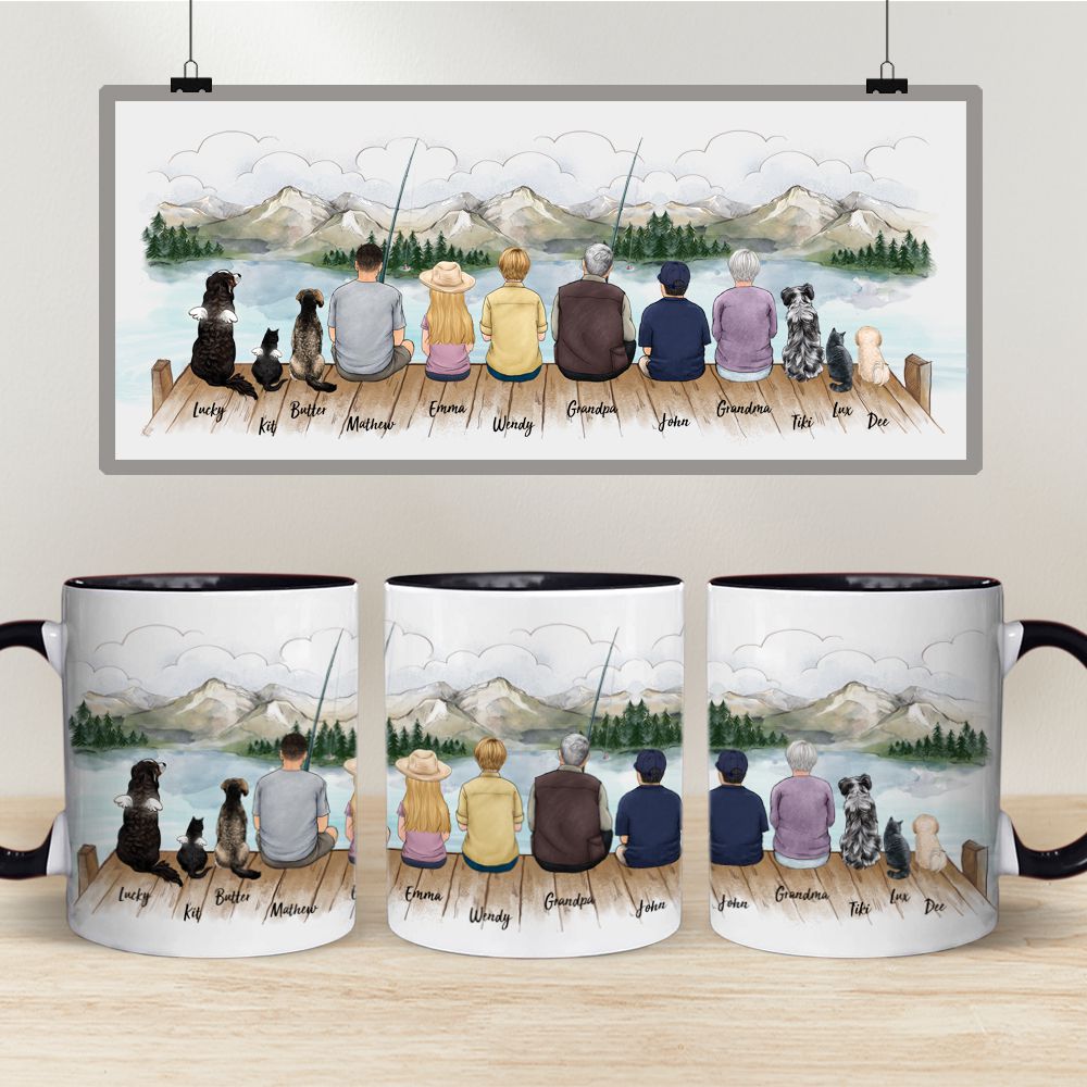 Personalized Accent Mug gifts with the whole family &amp; dog &amp; cat - UP TO 12 PEOPLE &amp; PETS - Fishing