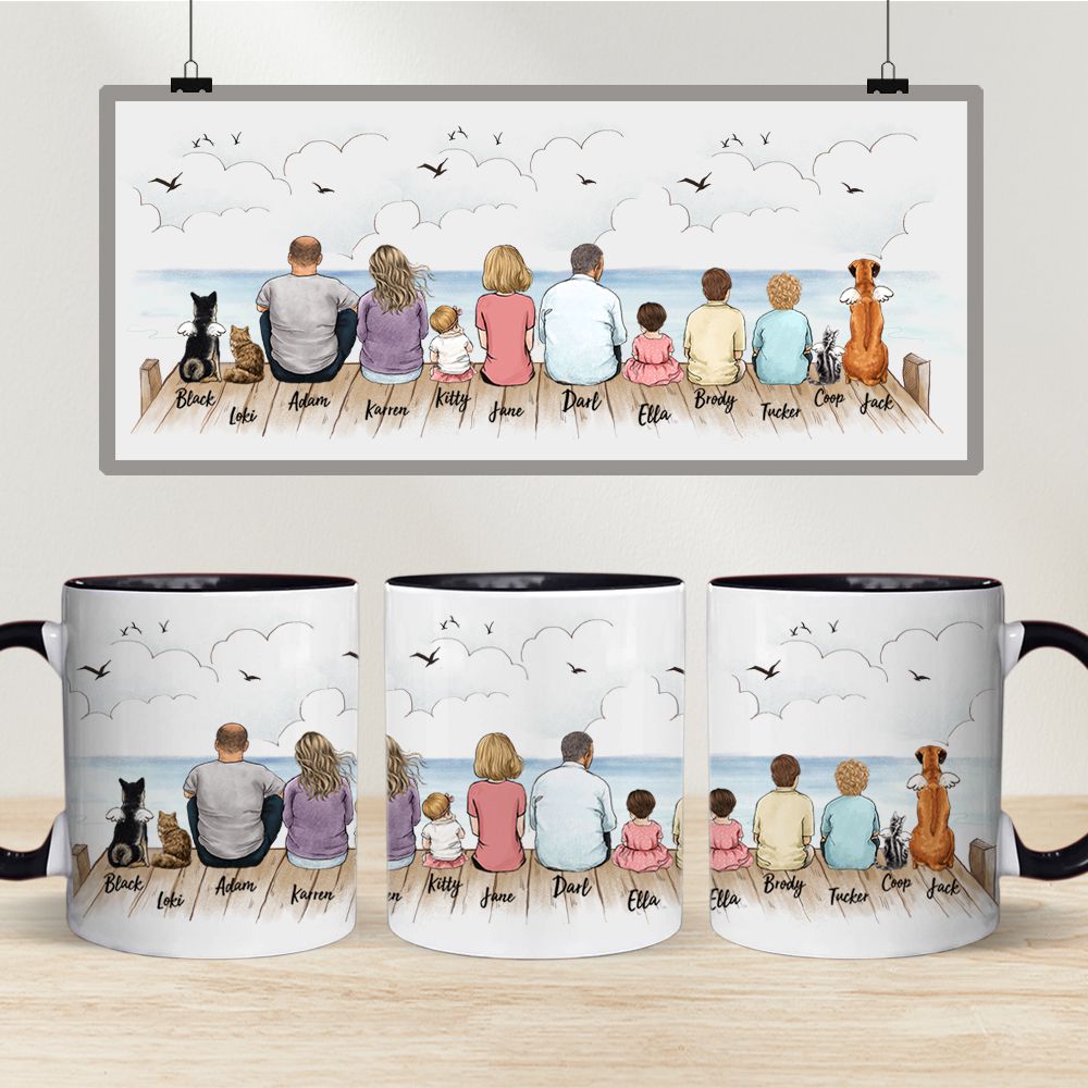 Family &amp; Dog &amp; Cat Mug - Personalized Accent Mug Wooden Dock - Up To 12 People &amp; Pet - Personalized Gifts For Dog Cat Owner