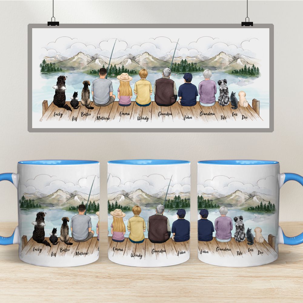 Personalized Accent Mug gifts with the whole family &amp; dog &amp; cat - UP TO 12 PEOPLE &amp; PETS - Fishing