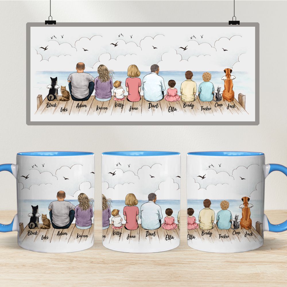 Personalized Accent Mug gifts with the whole family &amp; dog &amp; cat - UP TO 12 PEOPLE &amp; PETS - Wooden Dock