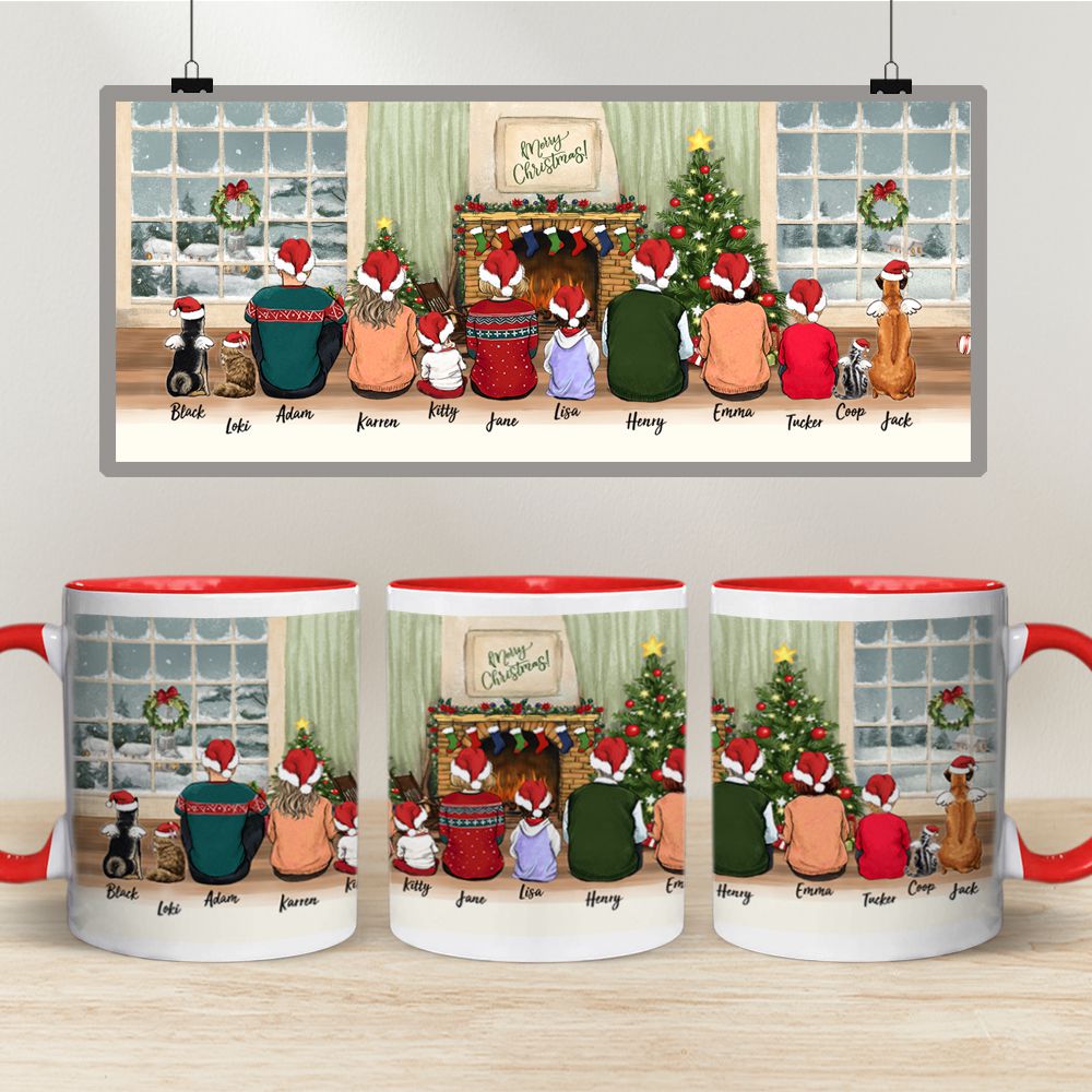 Personalized Accent Mug gifts with the whole family &amp; dog &amp; cat - UP TO 12 PEOPLE &amp; PETS - Christmas
