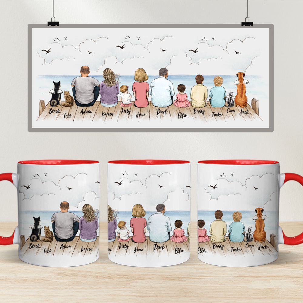 Personalized Accent Mug gifts with the whole family &amp; dog &amp; cat - UP TO 12 PEOPLE &amp; PETS - Wooden Dock
