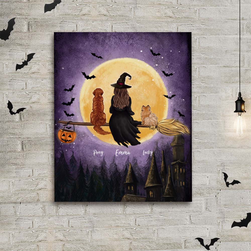Personalized Halloween canvas print wall art gifts for dog cat lovers - Flying on broom