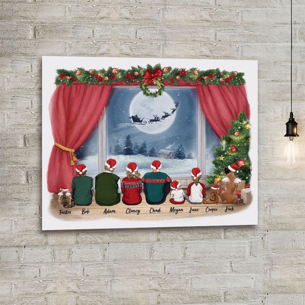 Personalized Christmas canvas print gifts with the whole family &amp; dogs &amp; cats - UP TO 9 PEOPLE &amp; PETS - Waiting for Santa