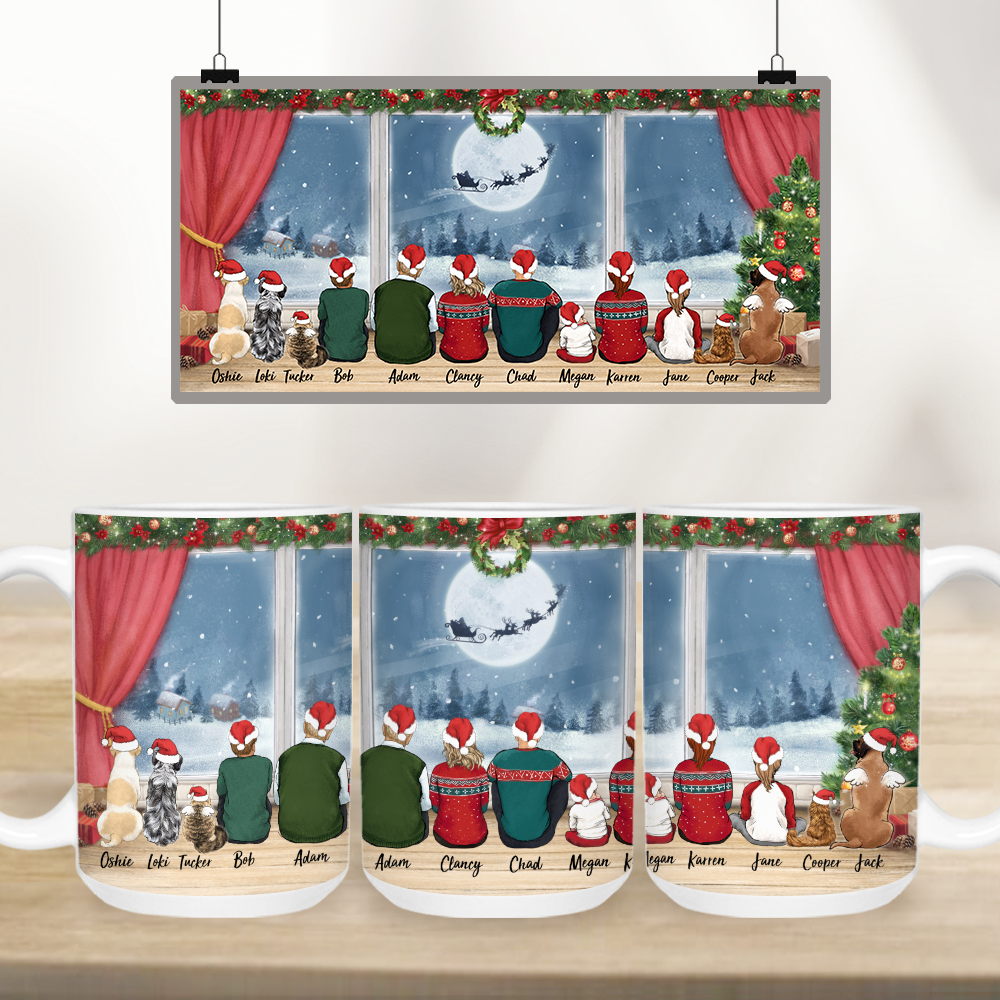 Personalized Edge to Edge coffee mug gifts with the whole family &amp; dog &amp; cat - UP TO 12 PEOPLE &amp; PETS - Waiting For Santa