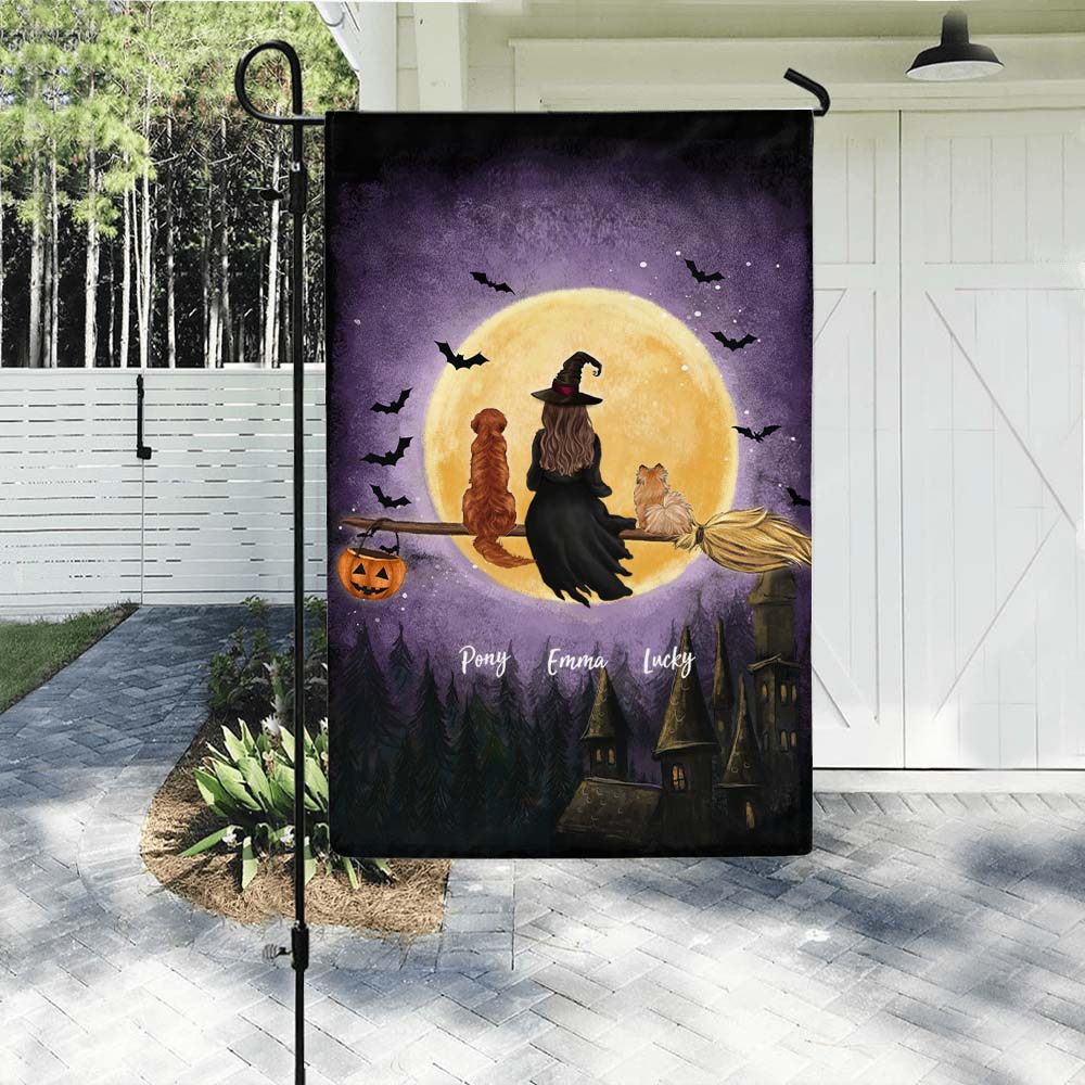 Personalized Halloween gifts for dog cat lovers garden flag - Flying on broom